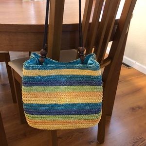 Wheat Straw Striped Summer Bucket Bag with Leather Straps